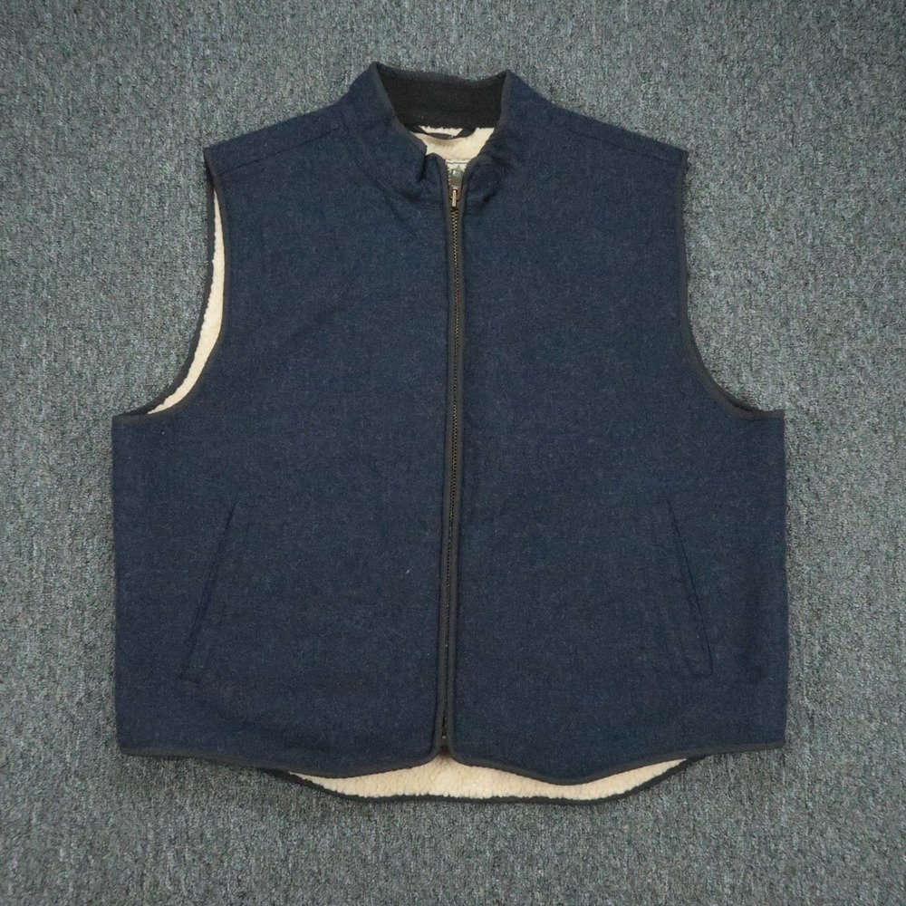 LL Bean Vest Mens XXL Blue Wool Sherpa Lined Full Zip Pockets Heavyweight 2XL